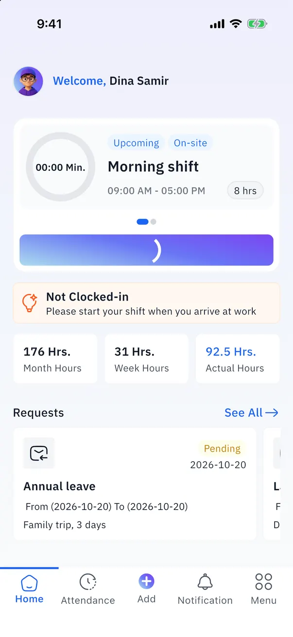 Home: today’s shifts, hours and requests