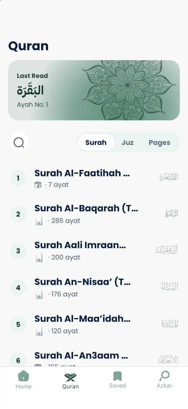 Quran index by surah, juz or page