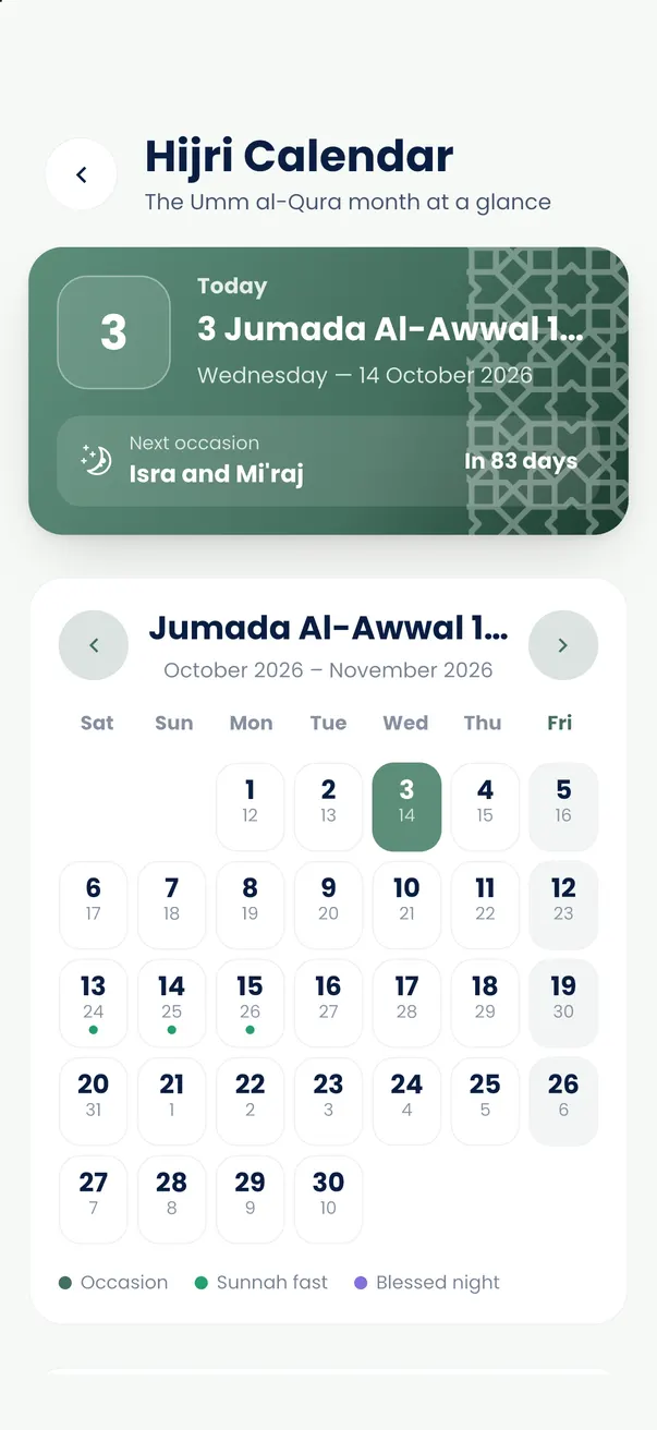 Hijri calendar with occasions