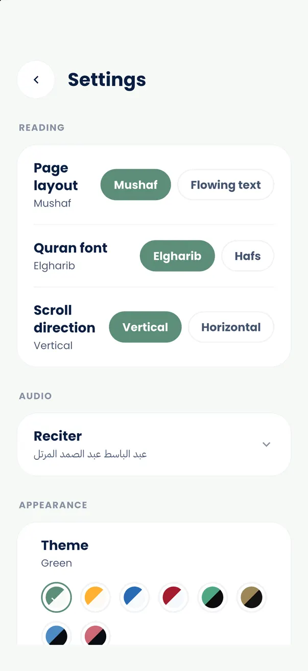 Settings: Mushaf layout, Quran font, reciter, theme