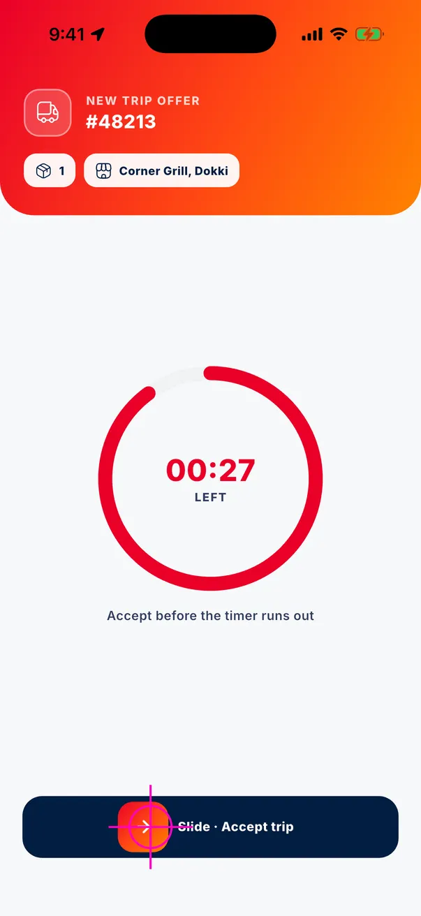 A trip offer fills the screen with its 30-second countdown; slide to accept