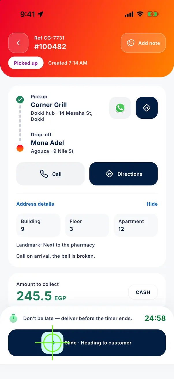 The order: pickup, drop-off and the customer’s address details