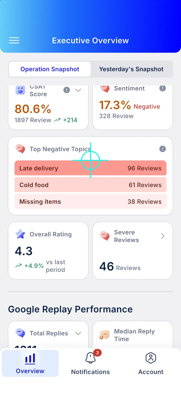 Executive Overview: CSAT, sentiment and top negative topics