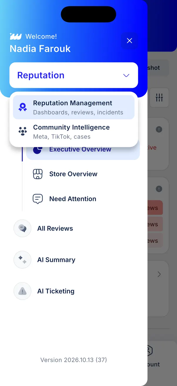 The drawer switches between Reputation and Community
