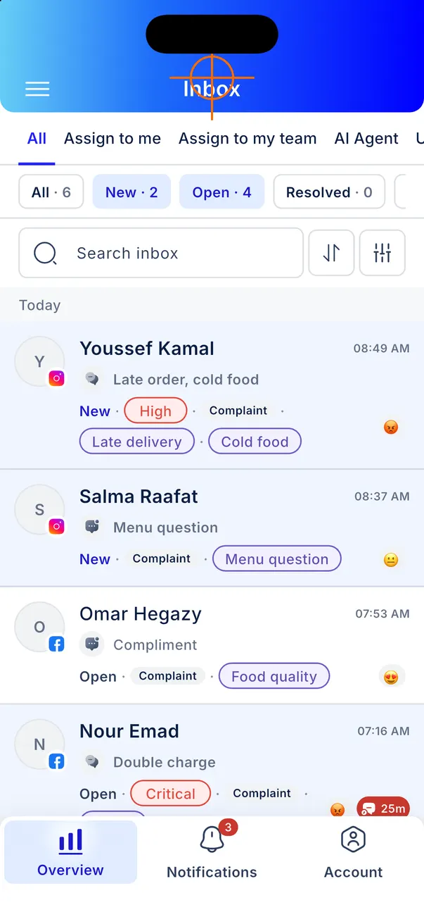 The Community inbox, with SLA, sentiment and tags per thread